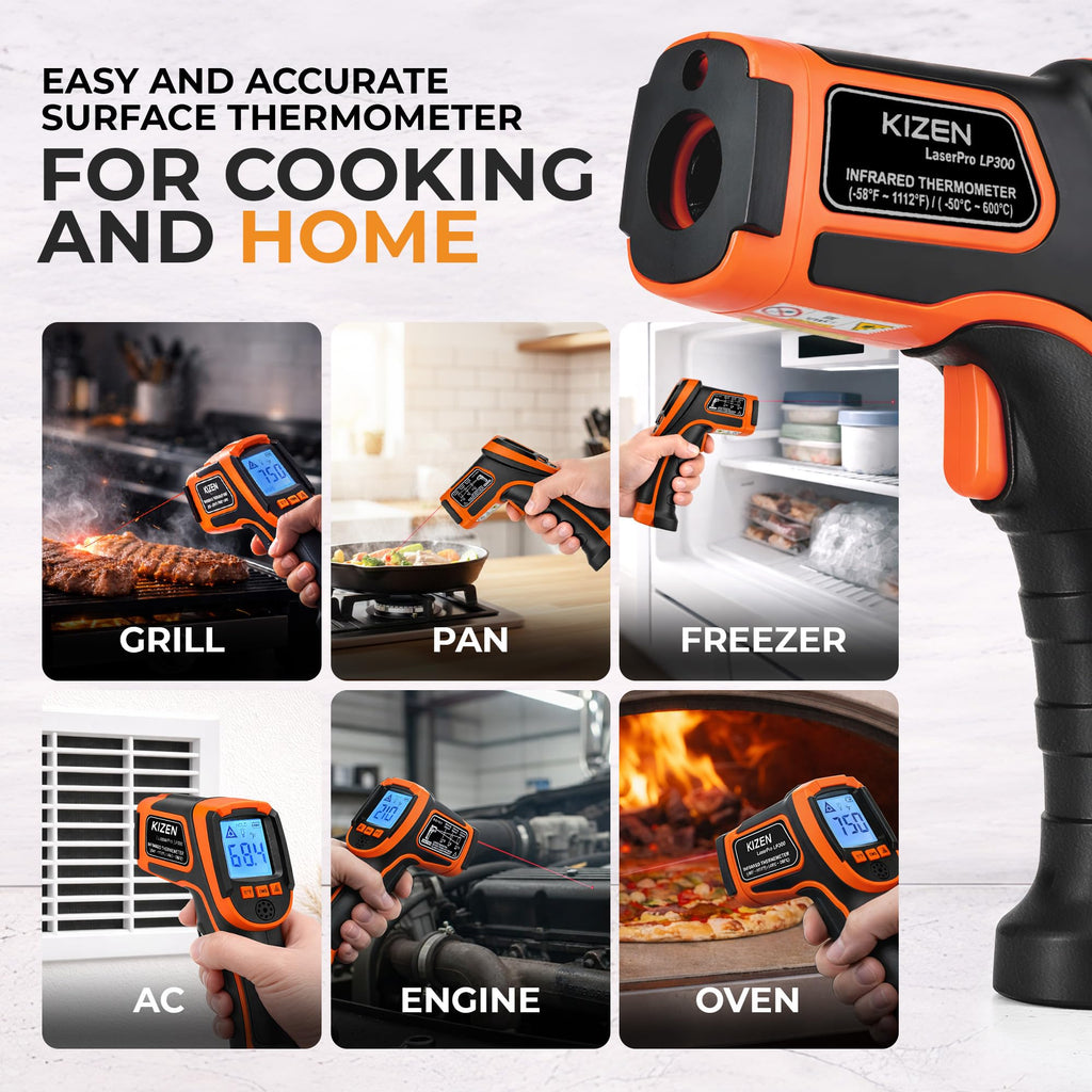 Kizen Infrared Temperature Gun - Handheld Surface Infrared Thermometer for Griddle, Grill, Pizza Oven, Candy, & A/C - Laser Thermometer Gun -58F to 1112F - Surface Temp Gun