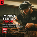 NoCry Premium Safety Face Shield for Grinding and Cutting — Clear Anti-Fog, Impact Resistant Visor and Adjustable Headgear — ANSI Z87.1 Certified for Industrial Use — Washable Sweatbands Included