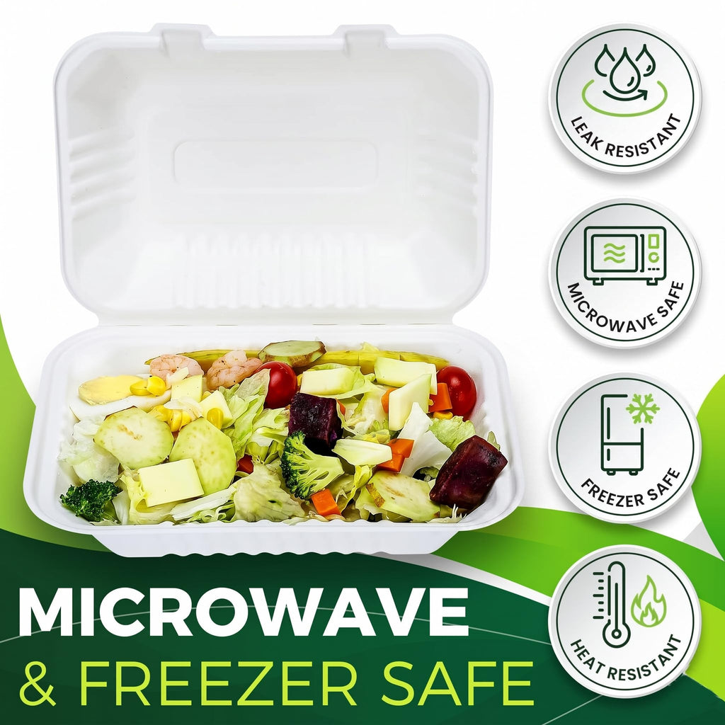 BIRCHIO 75 Pack 9”x6” Take Out Containers with Lids, EXTRA Sturdy To Go Food Containers, 100% Compostable Clamshell Take Out Containers, To Go Boxes for Food