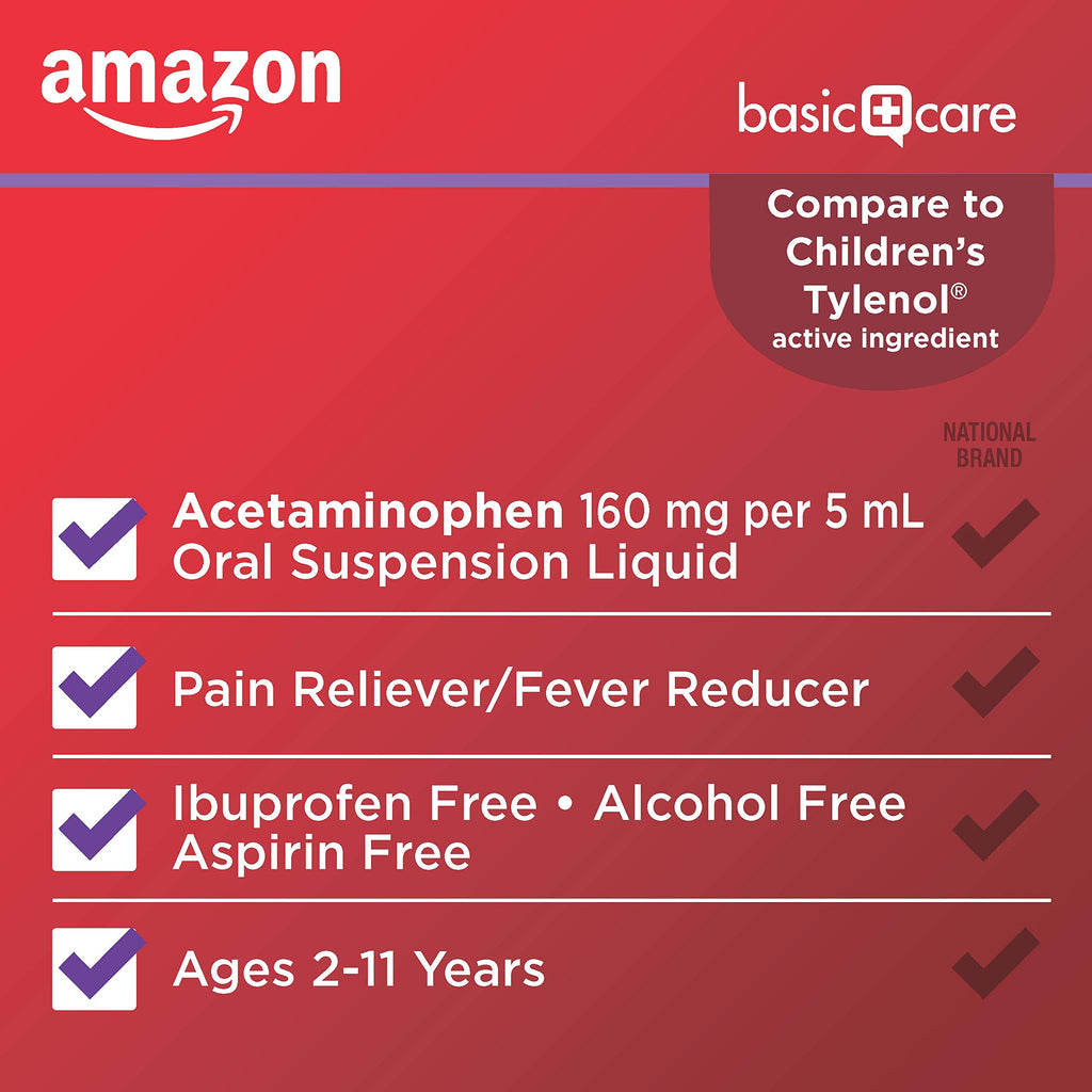 Amazon Basic Care Children's Acetaminophen 160 mg per 5 mL Oral Suspension, Grape Flavor, Pain Reliever and Fever Reducer for Headache, Sore Throat and Toothache, 4 fl oz (Pack of 2)