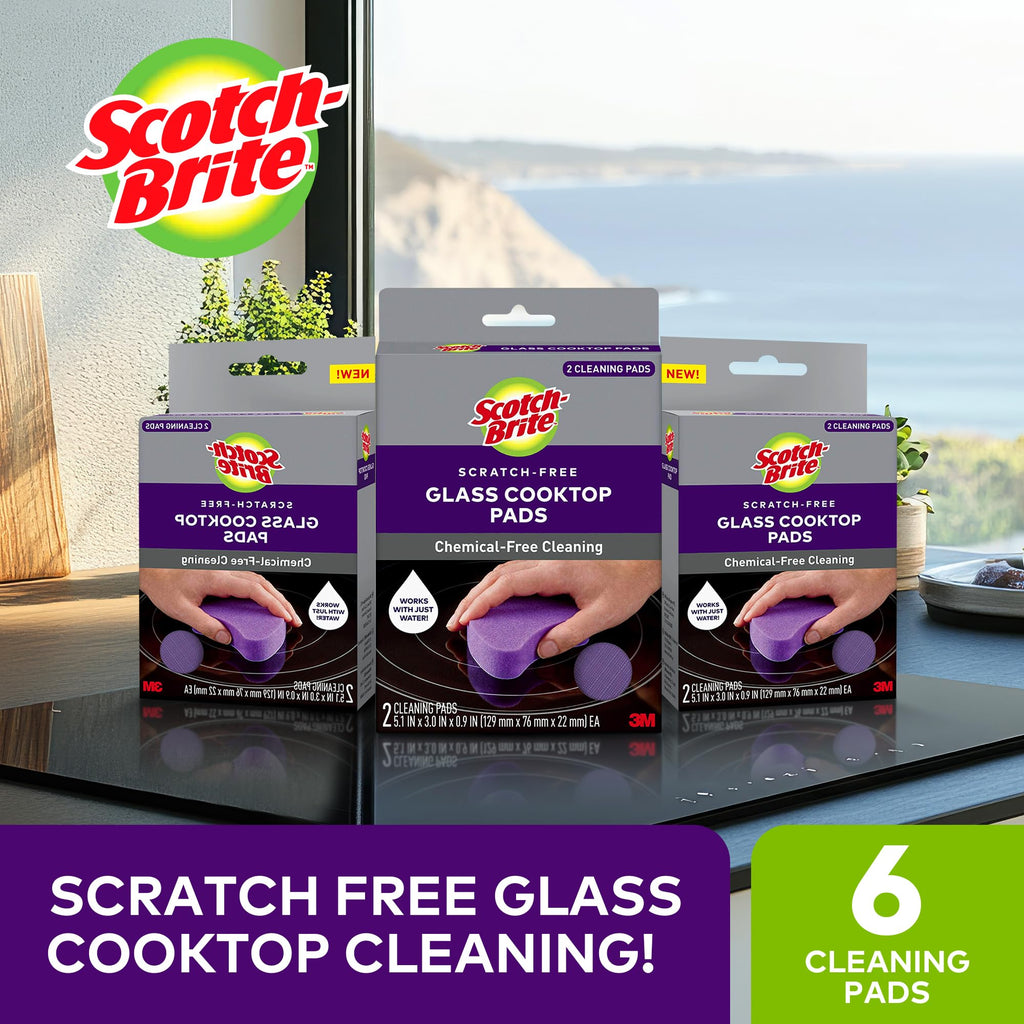 Scotch-Brite Glass Cooktop Pads, Scratch-Free & Non-Abrasive Scrubbers for Glass or Ceramic Stovetops, Cleans Burnt-On Messes with Just Water, Reusable Dishwasher-Safe Design (6 Pads)