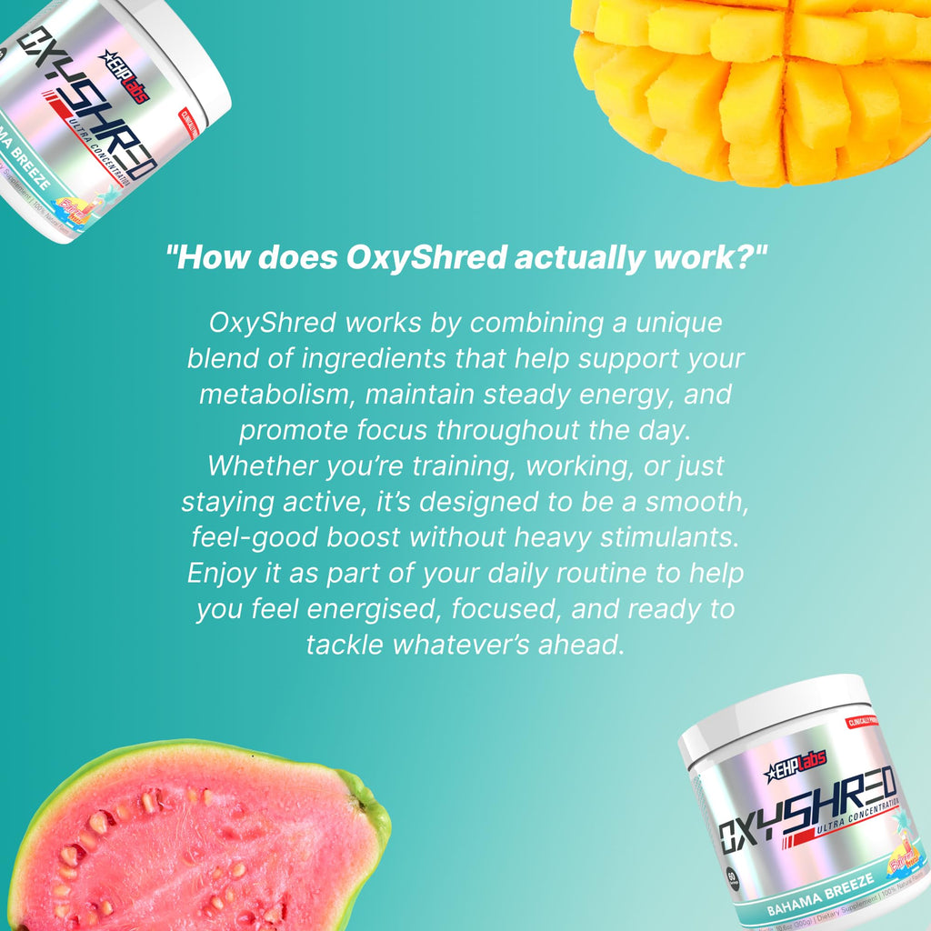 EHP Labs OxyShred Pre Workout Powder - Preworkout Powder with L Glutamine & Acetyl L Carnitine, Energy Boost Drink - Bahama Breeze/Beach, 60 Servings