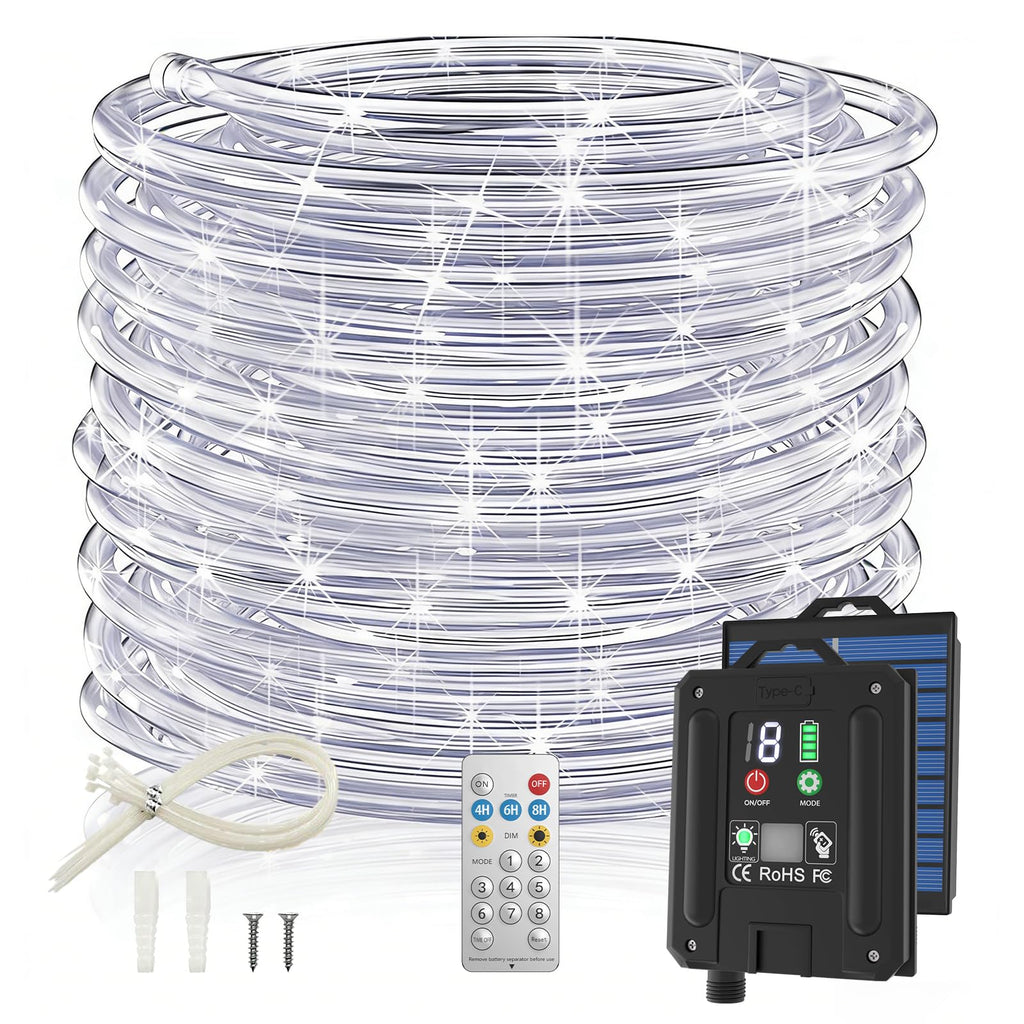 ICRGB Solar Rope Lights, 66FT 200LED 1800mAh Outdoor Waterproof Solar Lights with Remote, IP67 String Light with Timing & 8 Modes for Garden Tree Pathway Yard Pool RV Christmas Decor, White