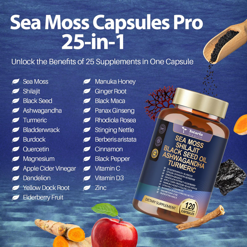 25-in-1 Sea Moss Capsules, 120 Capsules per Bottle, 2 Bottles