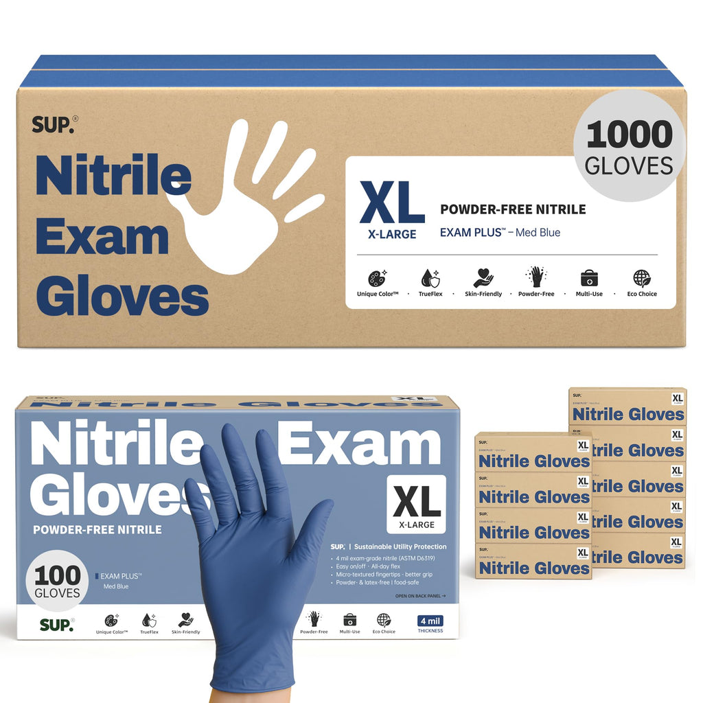 SUP Nitrile Exam Gloves, Powder-Free Latex-Free Food Safe Disposable Glove for Medical Lab Cooking Cleaning, Med Blue 1000 Ct (X-Large)