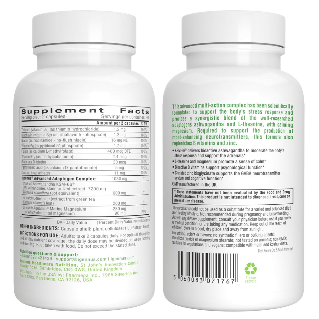 Igennus High Strength Ashwagandha, Magnesium, & L-Theanine Stress Relief Complex, KSM-66 Root Extract Adaptogens, Boosted with Methylfolate, Zinc & Biotin Clean Label, 60 Fast Acting Capsules