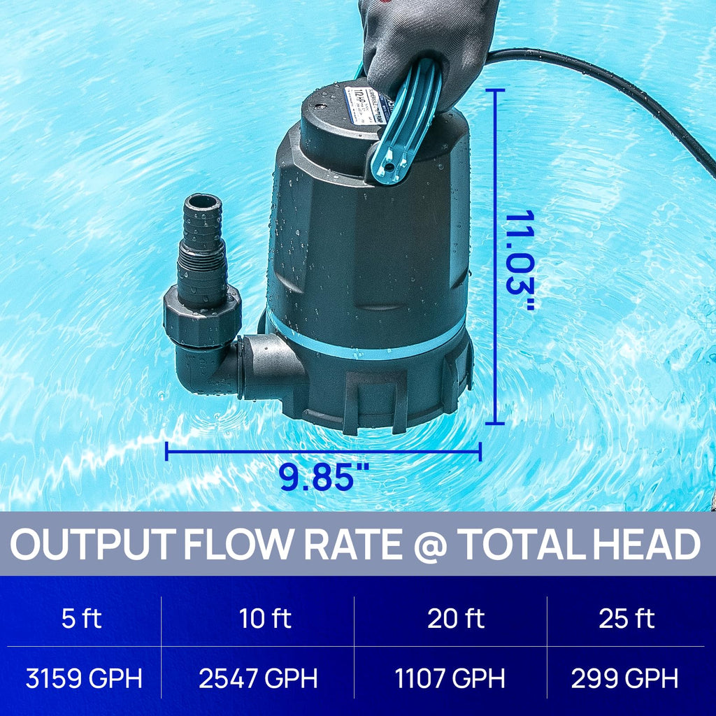 Aquastrong Sump Pump 1/2 HP Submersible Water Pump Thermoplastic Portable Utility Pump 3159 GPH High Flow Water Removal for Swimming Pool Garden Pond Basement Window Wells with 10ft Long Power Cord
