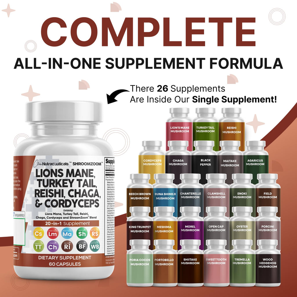 Clean Nutraceuticals Lions Mane 20in1 Mushroom Supplement with Turkey Tail Reishi Cordyceps Chaga Maitake Meshima Poria Cocos Shiitake Oyster Porcini Enoki - 1 Pack