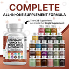 Clean Nutraceuticals Lions Mane 20in1 Mushroom Supplement with Turkey Tail Reishi Cordyceps Chaga Maitake Meshima Poria Cocos Shiitake Oyster Porcini Enoki - 1 Pack