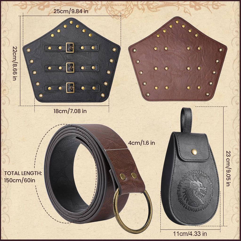 Berenlu 3 PCS Renaissance Accessories, Viking Renaissance Belt Medieval Vintage Belt Pouch and Leather Bracers, Enhance Your Halloween Renaissance Cosplay with Medieval Accessories (Black)