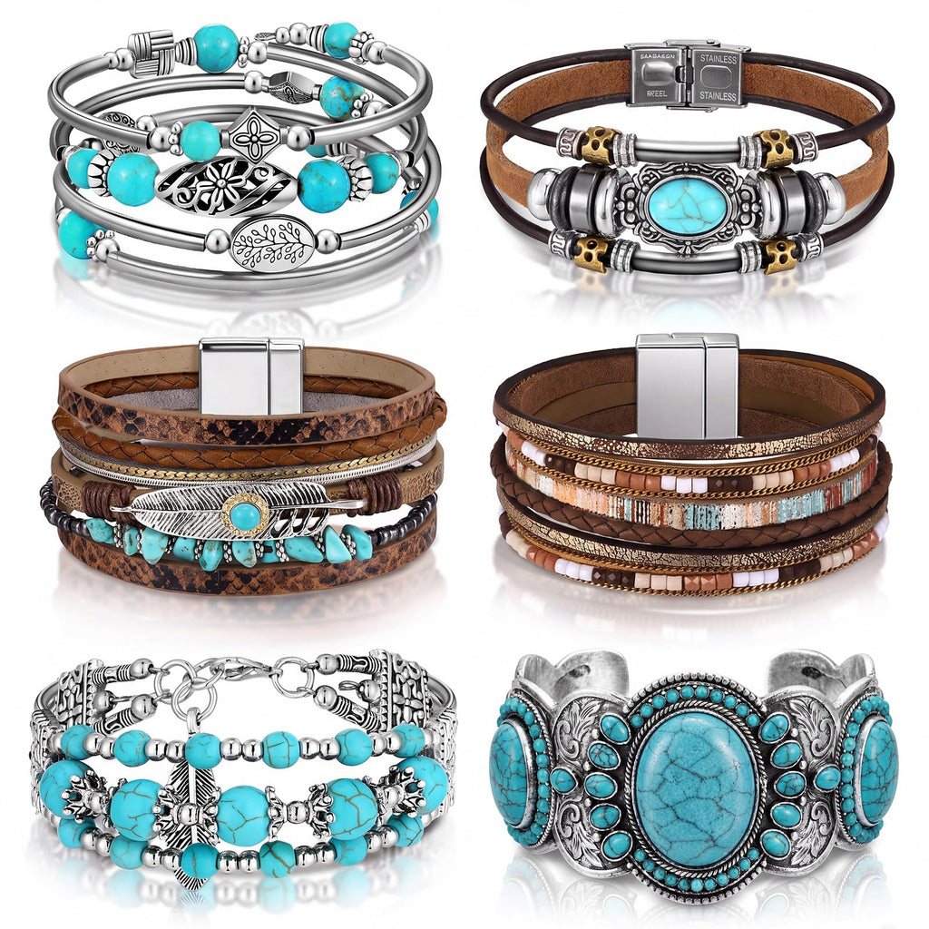 Sasylvia 6 Pcs Turquoise Bracelet for Women Leather Bracelet Western Jewelry for Women Multilayer Boho Cuff Bangle Set(Retro)