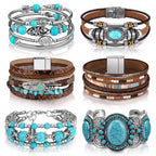 Sasylvia 6 Pcs Turquoise Bracelet for Women Leather Bracelet Western Jewelry for Women Multilayer Boho Cuff Bangle Set(Retro)