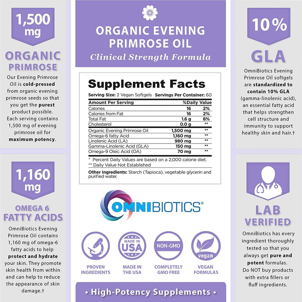 OmniBiotics Organic Evening Primrose Oil for Women – Clinical Strength 1500mg per Capsule, 10% GLA, Cold-Pressed, Non-GMO, Hormone Balance for Women – 120 Vegan Softgel Capsules