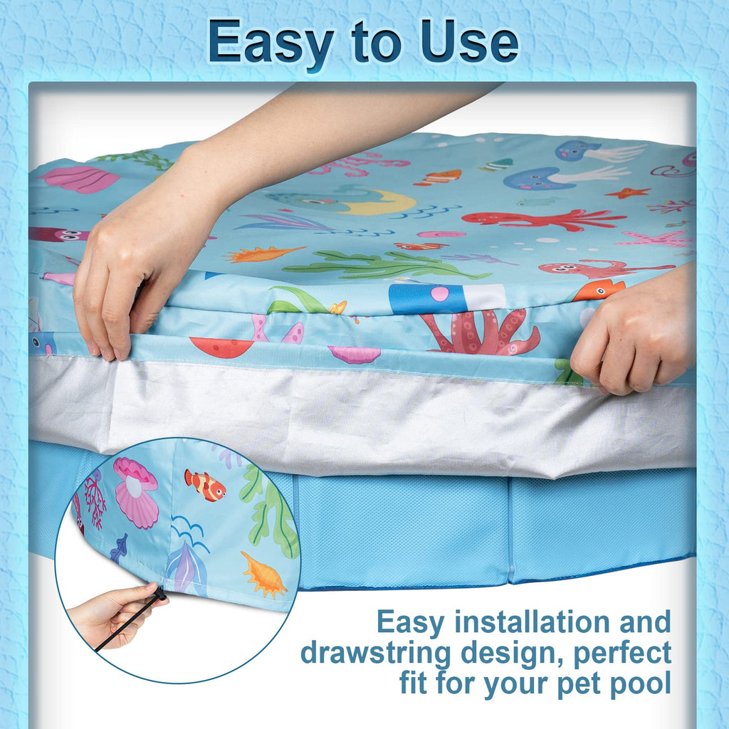 Docuwee Round Pool Cover 48", Foldable Kiddie Solar Cover Fit Dog Swimming Pool, Pets Kids Bath Tub, Anti-UV Dustproof Safety Pool Covers with Cute Ocean Animals Pattern