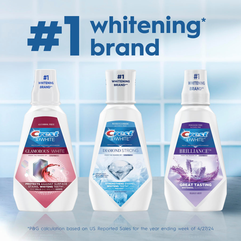 Crest 3D White Mouthwash, Teeth Whitening for Adults, 1L, 2 Pack, Alcohol Free Mouth Rinse, Breath Freshener, Antibacterial, Antiseptic, Bad Breath Treatment, Peroxide Free, Clean Mint