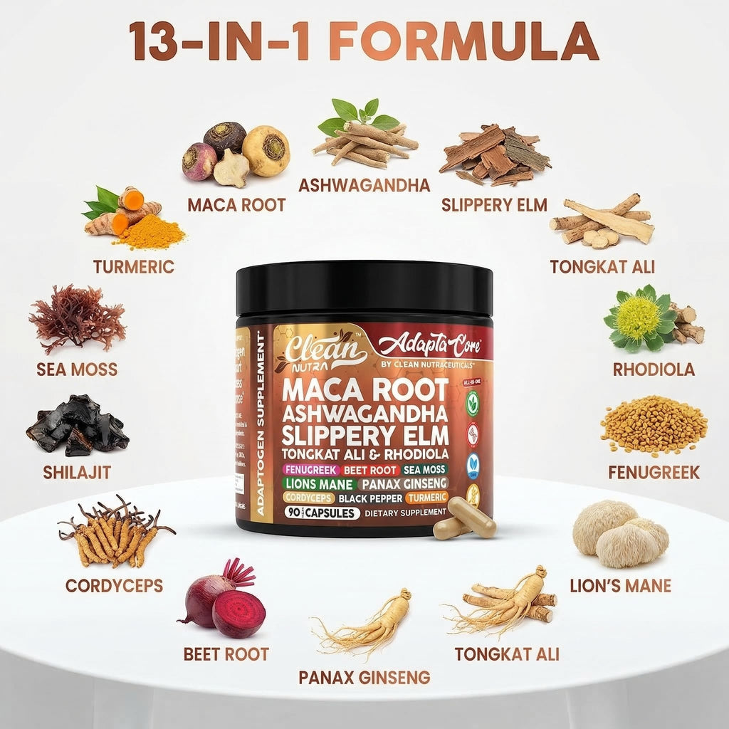 Clean Nutra Organic Maca Root Capsules for Women + Ashwagandha Slippery Elm Tongkat Ali Rhodiola Rosea Fenugreek Beet Root Sea Moss Ginseng Black Yellow Red Maca Powder Supplement 90 Pills