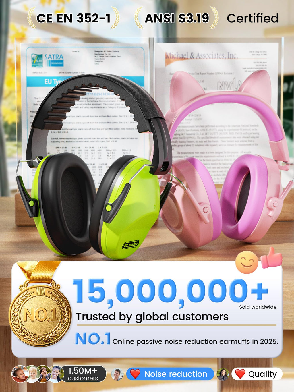 Dr.meter Noise Cancelling Headphones for Kids Adults 2 PACK, SNR27.4 Ear Protection Kids Ear Muffs, Adjustable Earmuffs for Monster Jams, Sensory Autism, Concerts, Fireworks