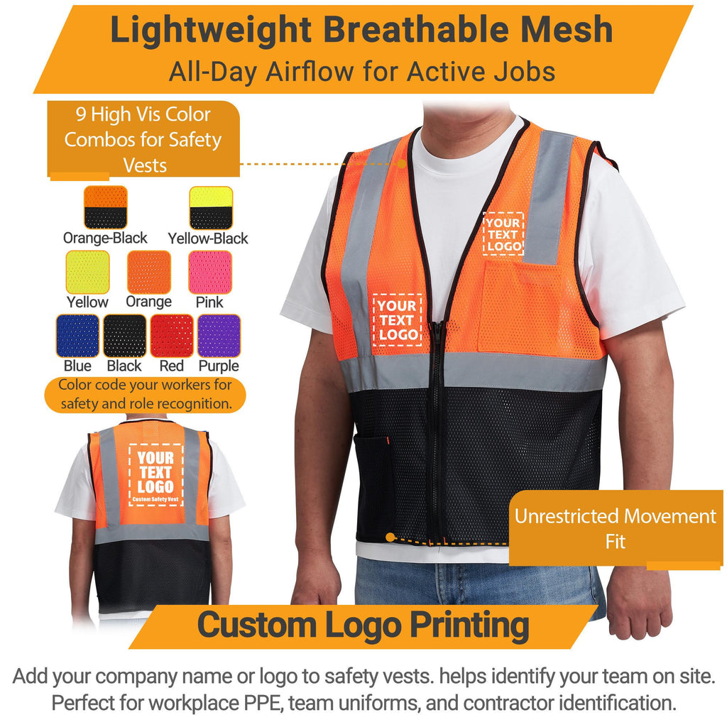 AYKRM 2 Pockets Orange black custom Mesh High Visibility Reflective Safety Vest for men & Women ANSI/ISEA 107 Standards