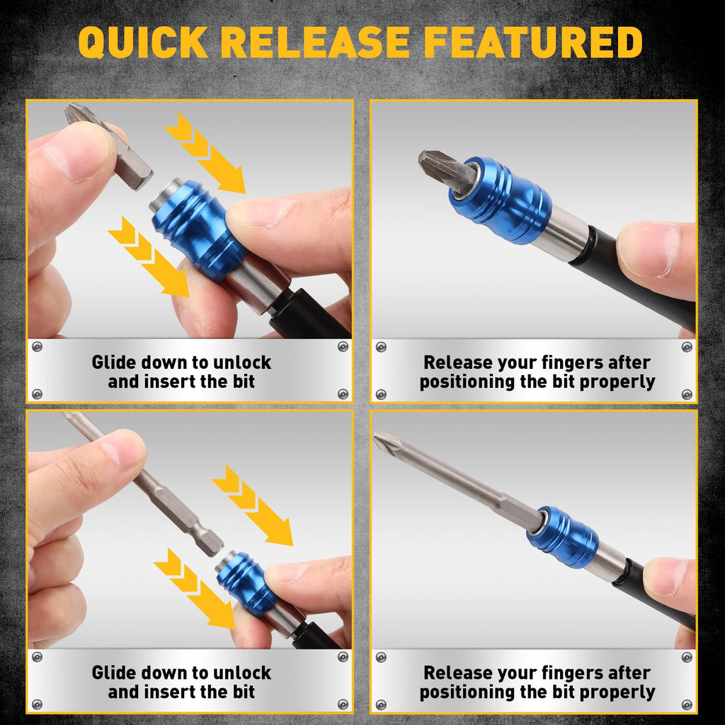4-Piece 2", 4", 6", 12" Drill Bit Extension Set, Magnetic Screwdriver Bit Holder Extender with Aluminum Sleeve, 1/4 Inch Hex Shank Quick Release Extension Adapter, Durable CR-V Steel