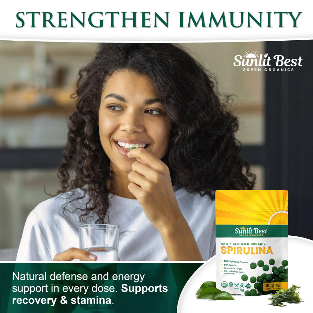 Sunlit Best - USDA Organic Spirulina Tablet - Natural Super Greens Supplements for Immune Support, Gut Health & Boost Energy Tablets with Chlorophyll, Vegan & High Protein Non GMO, 1000 Superfood Tabs