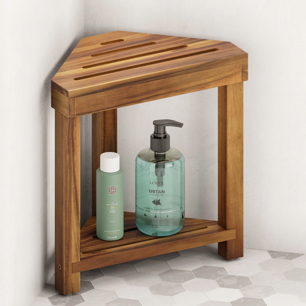BLUEWEST 16.4" Shower Foot Rest, Corner Shower Stool, Wooden Shower Foot Stool for Shaving Legs Inside Shower, Waterproof Shower Foot Rest with Storage Shelf for Small Shower Space, Shower Seats