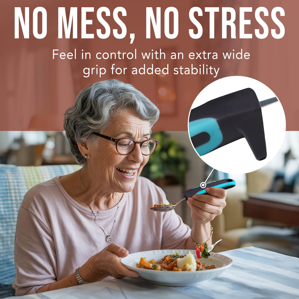 BUNMO Adaptive Utensils for Elderly, Arthritis, Weak Hand Grip, Tremors & Handicapped - Convenient Travel Pouch - 3.35oz Lightweight - Stainless Steel - Eat Independently - Adaptive Blue 4 Piece Set