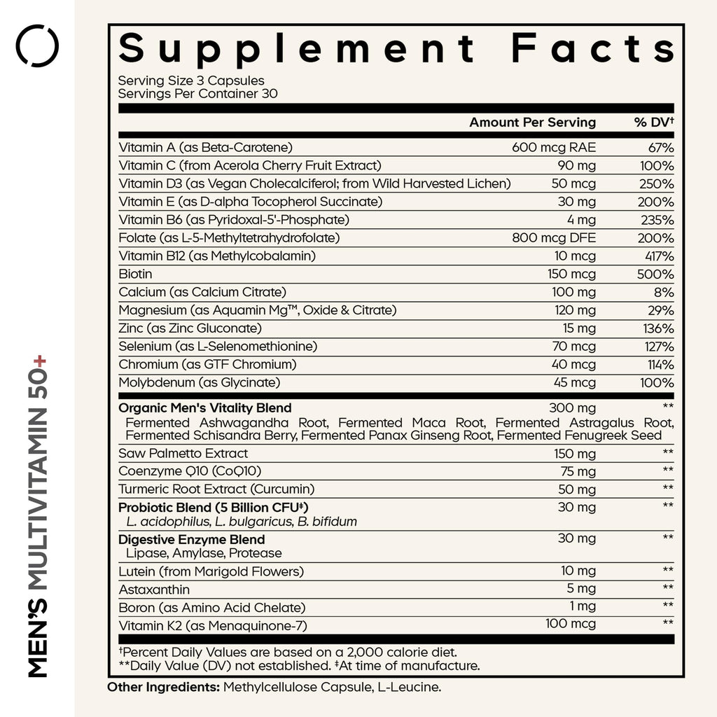 Codeage Men's Multivitamin 50+ Supplement - Essential Vitamins for Men Over 50 Years Old, Minerals, CoQ10, Turmeric, Saw Palmetto, Maca, Panax Ginseng, Probiotics & Botanicals - Non-GMO - 90 Capsules