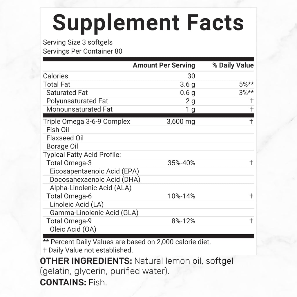 Triple Omega 3-6-9 Fish Oil Supplements 3,600mg – 240 Softgels with Flaxseed Oil & Borage Oils Complex – High EPA + DHA – Burpless Pills, Lemon Flavored, Wild Caught – Heart, Joint, & Brain Support