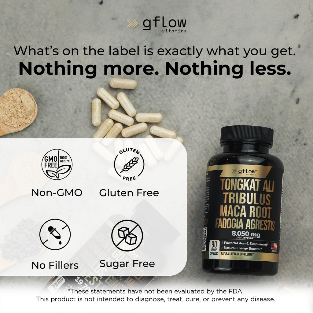 gflow vitamins Tongkat Ali for Men & Women- Extra Strength Formula with Fadogia Agrestis and Tribulus with Maca Root - Stamina, Vitality, Energy, Mood Support | Made in USA
