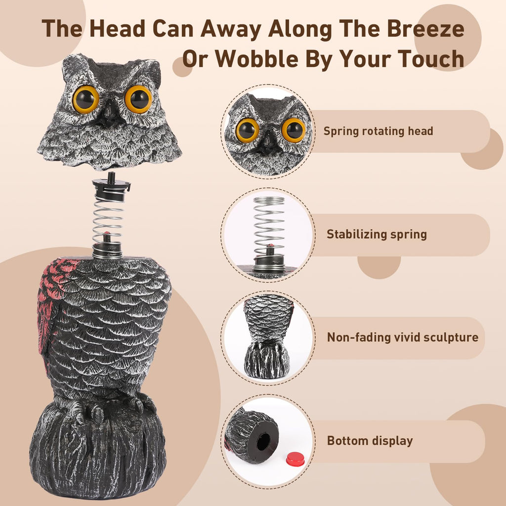 Owl Decoys to Scare Birds Away, 2 Pack BobbleHead Fake Owls Plastic Scarecrow Bird Deterrent, Nature Enemy Scarecrow Plastic Owl Statues, Garden Decor Statues for outside, Patio, Lawn, Yard Decoration