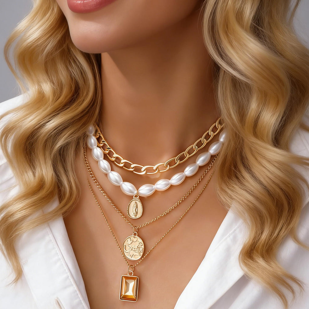 FAXHION 68 Pcs Gold Jewelry Set for Women with 7 Necklace, 17 Bracelet, 5 Hoop Earrings, 15 Stud Earrings, 24 Knuckle Rings for Women Jewelry Set for Women Gift
