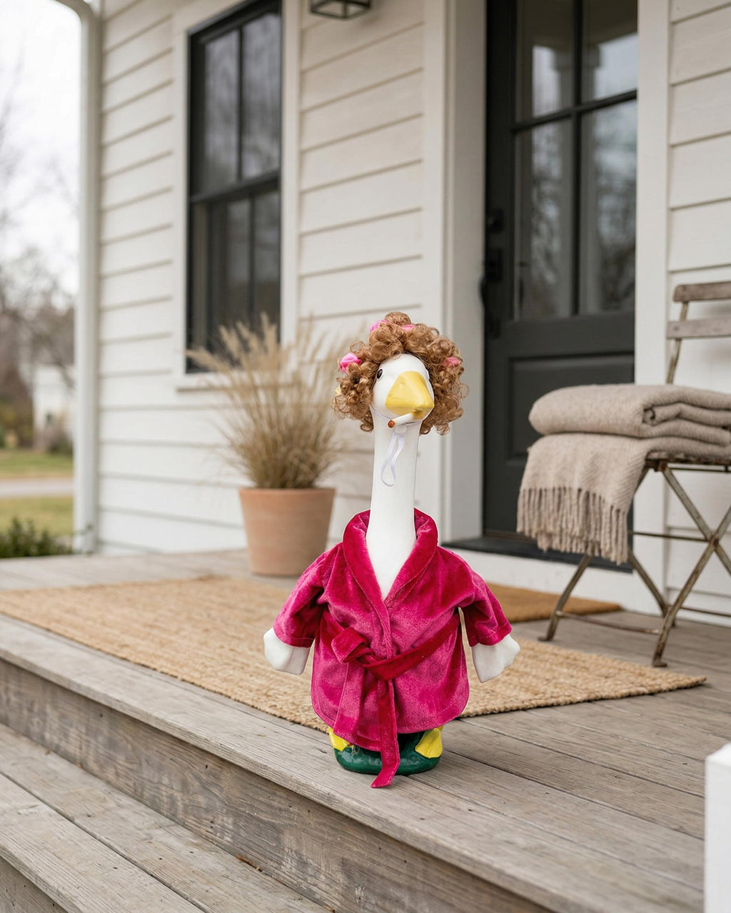 Bathrobe Porch Goose Outfits, Red Robe & Curlers Fits 23" Lawn Statue