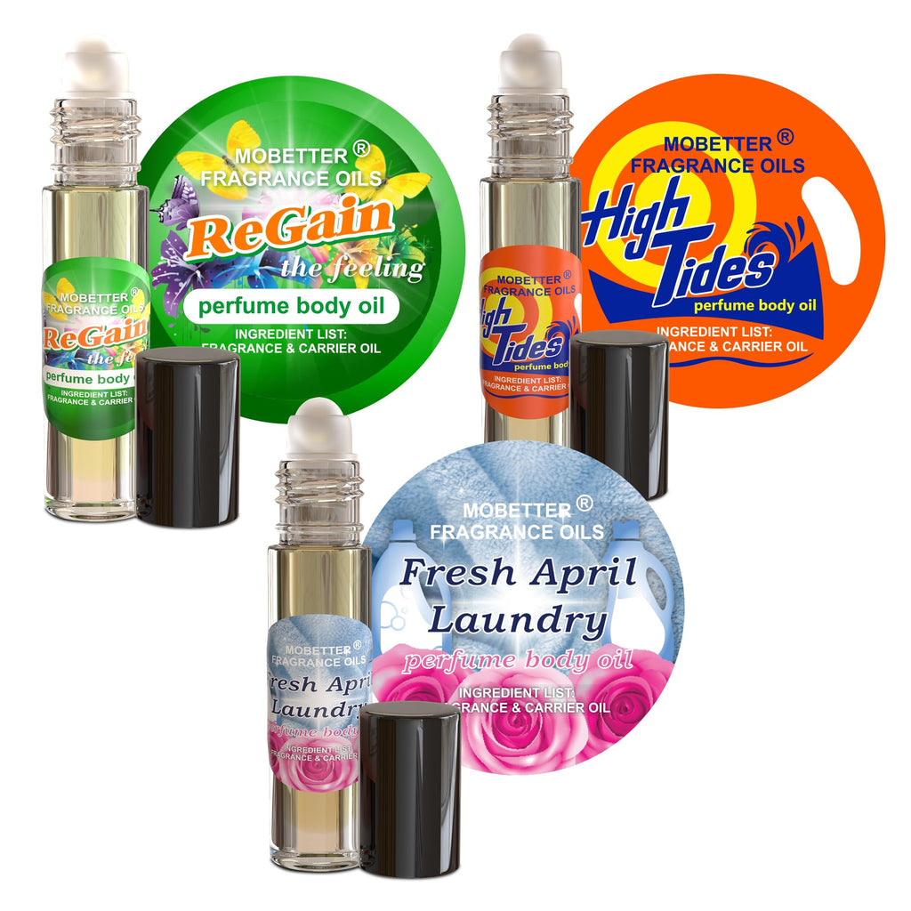 MOBETTER FRAGRANCE OILS Laundry Day Body Oil Perfume Set, Regain, High Tides, & Fresh April Roll on