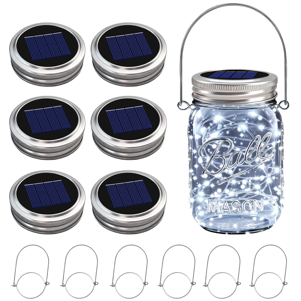 VOOKRY 6 Pack Solar Mason Jar Lights, 30 LED Mason Jar Lids Waterproof Firefly Fairy String Lights with 6 Hangers(No Jars), for Outdoor Patio Garden Yard Lawn Party Wedding Decoration - Cool White