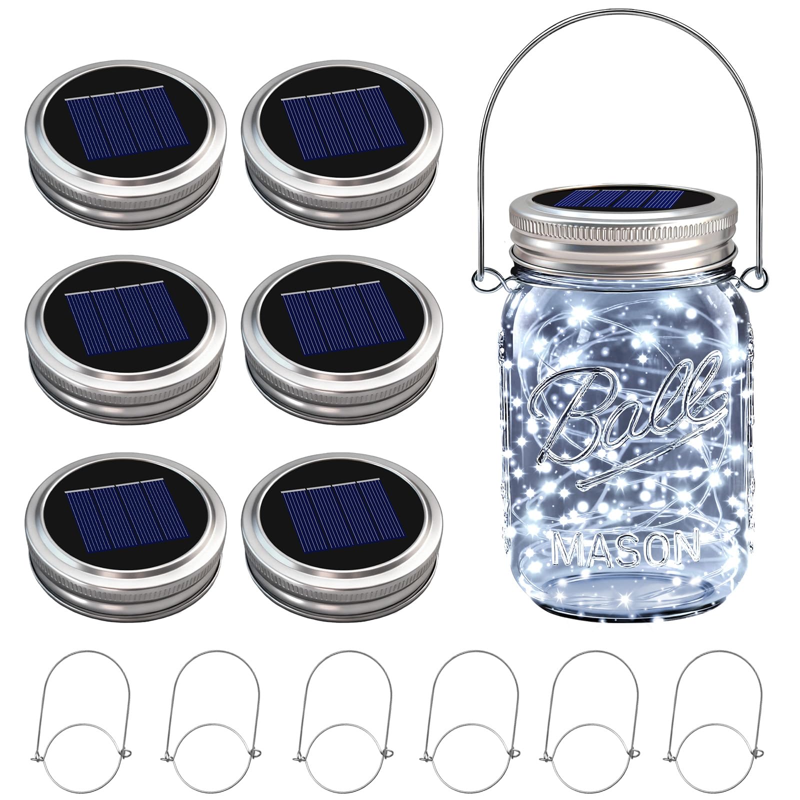 VOOKRY 6 Pack Solar Mason Jar Lights, 30 LED Mason Jar Lids Waterproof Firefly Fairy String Lights with 6 Hangers(No Jars), for Outdoor Patio Garden Yard Lawn Party Wedding Decoration - Cool White
