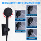 Peicuai Shower Head Combo, 10-Inch High-Pressure Rainfall Shower Head with 11-Inch Adjustable Extension Arm, 5-Setting Matte Black Handheld Shower with Long Hose, Powerful Spray for Low Water Pressure