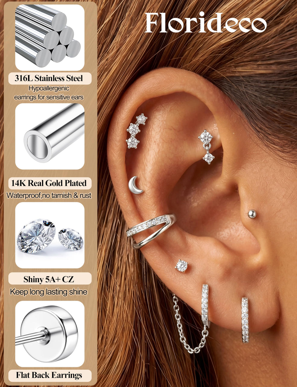 Florideco Silver Earrings Hypoallergenic Cartilage Earring Stacks
