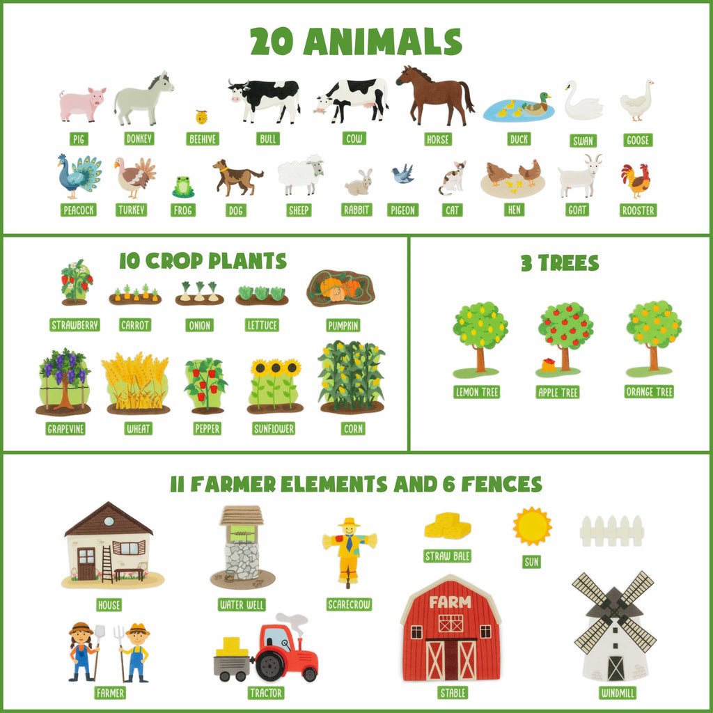 BONNYCO Felt Board for Toddlers with 92 Farm Animal Figures Montessori Toys