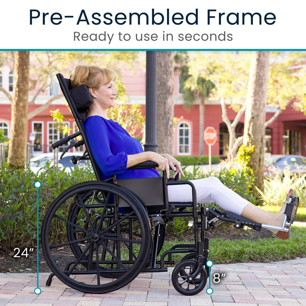 Vive Mobility Reclining Wheelchair with Elevating Leg Rests - Heavy Duty Recliner Wheel Chair for Seniors & Adults -Wide 18" Seat, up to 300lbs -High Back, w/Leg & Head Support -Comfortable Headrest