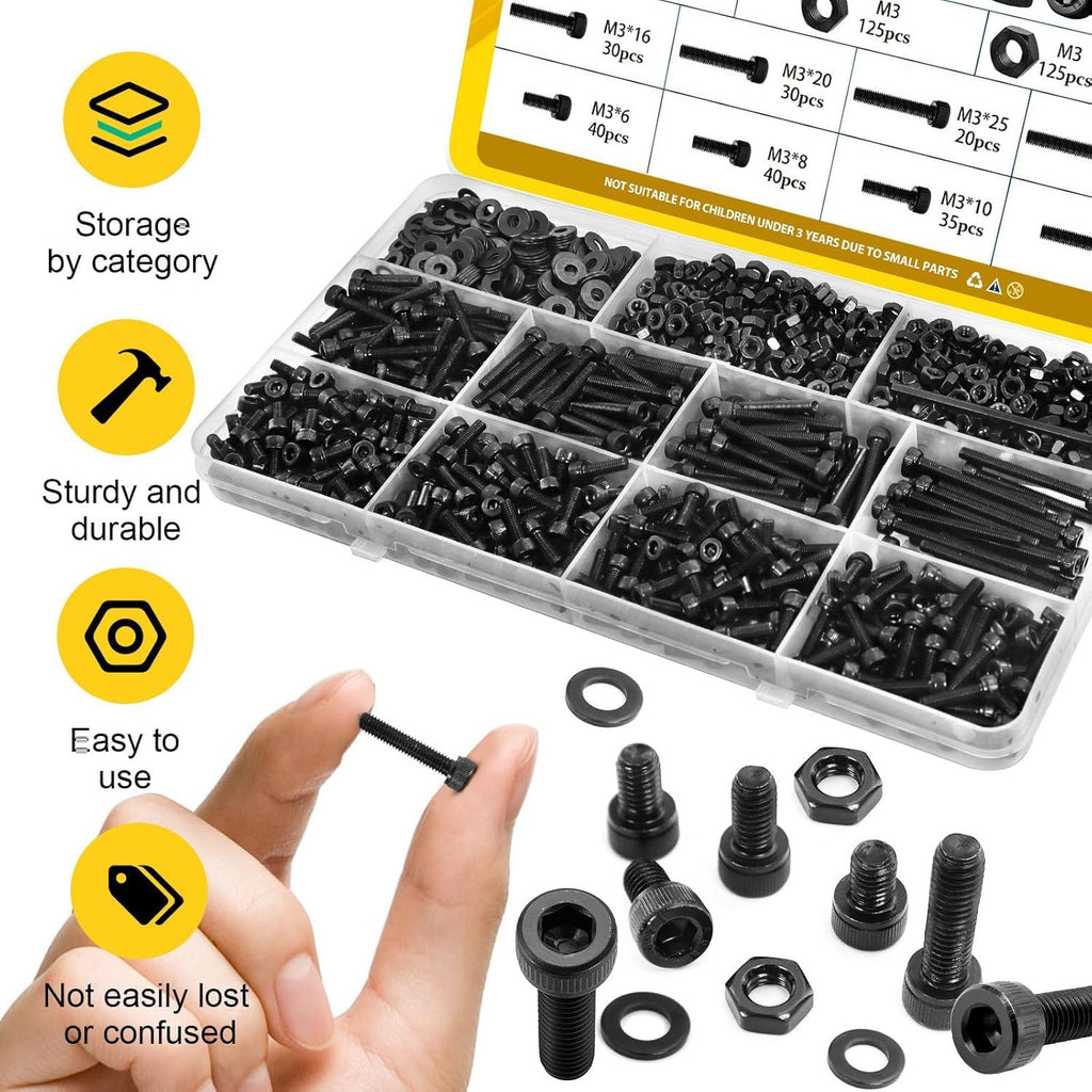 Fgruh 750PCS M3 Hex Socket Screw Assortment Kit,M3x6/8/10/12/16/20/25/30 mm
