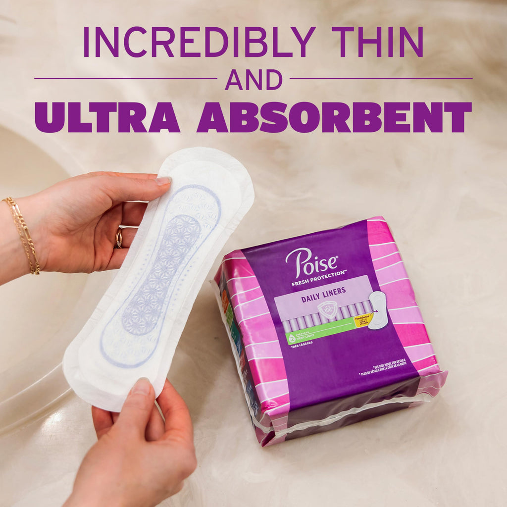 Poise Daily Liners, Incontinence Panty Liners for Bladder Leaks, 2 Drop Very Light Absorbency, Long Length, 176 Count of Pantiliners (4 Packs of 44), Packaging May Vary