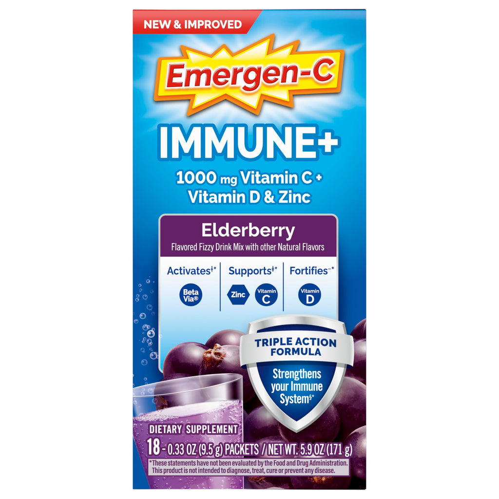 Emergen-C Immune+ Triple Action Immune Support Powder, BetaVia (R), 1000mg Vitamin C, B Vitamins, Vitamin D and Antioxidants, Elderberry – 18 Count