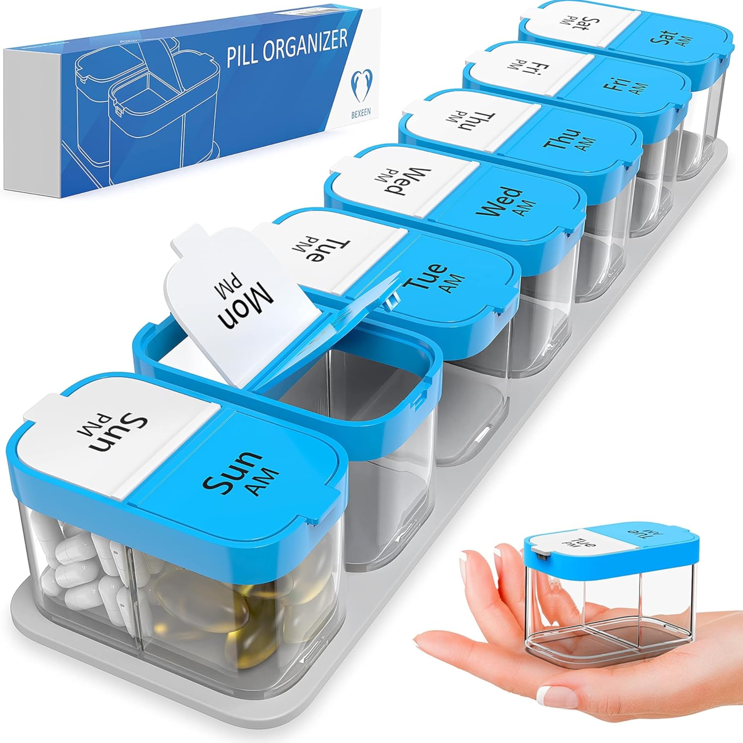 Extra Large Weekly Pill Organizer - Daily XL Pill Box for Am Pm Supplements - Weekly Twin-Packed for Oversized Two A Day Cary (Blue/White)