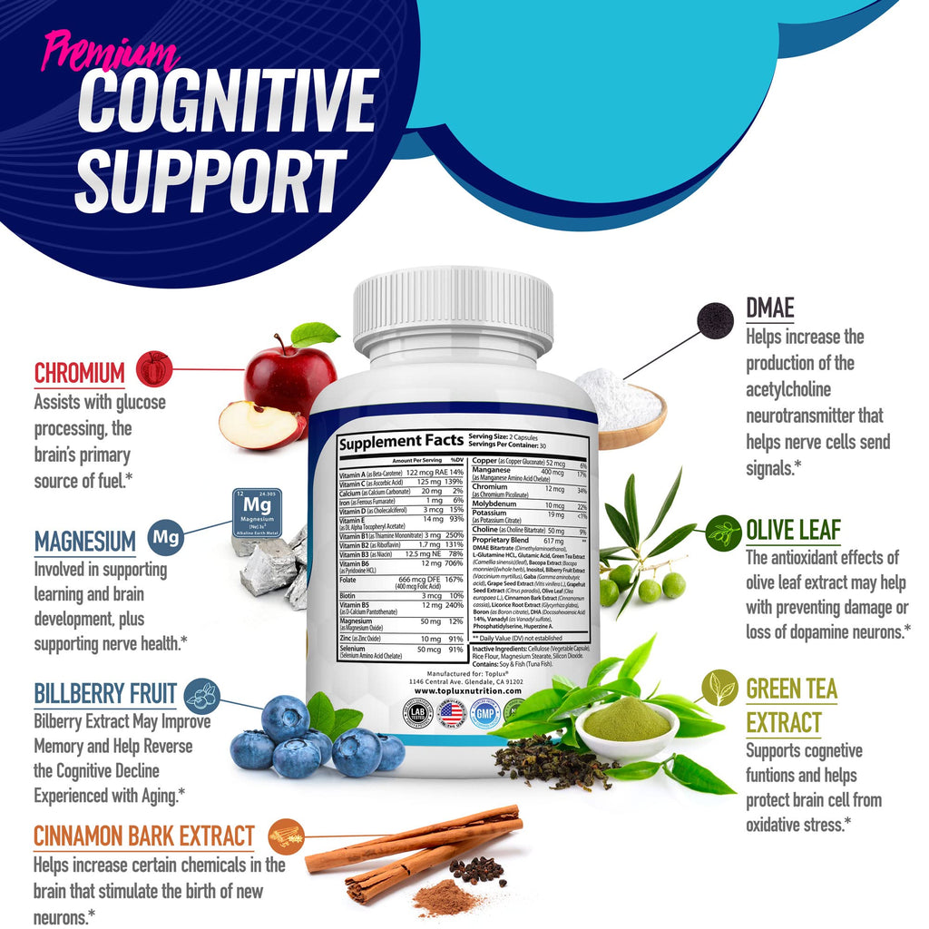 Toplux Brain Supplement Nootropic – Brain Pills Vitamin with DMAE, Bacopa Monnieri, L-Gutamine, for Men Women, 60 Capsules, Nutrition