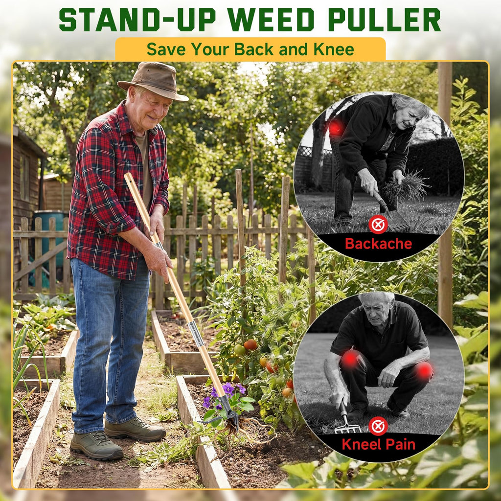 BellaJoyz Weed Puller Tool, Stand Up Heavy Duty Weed Remover Tool with Long Handle & 4-Claw Steel Head, Bamboo Garden Hand Weeding Tool - Easily Remove Weeds Without Bending, Pulling,or Kneeling