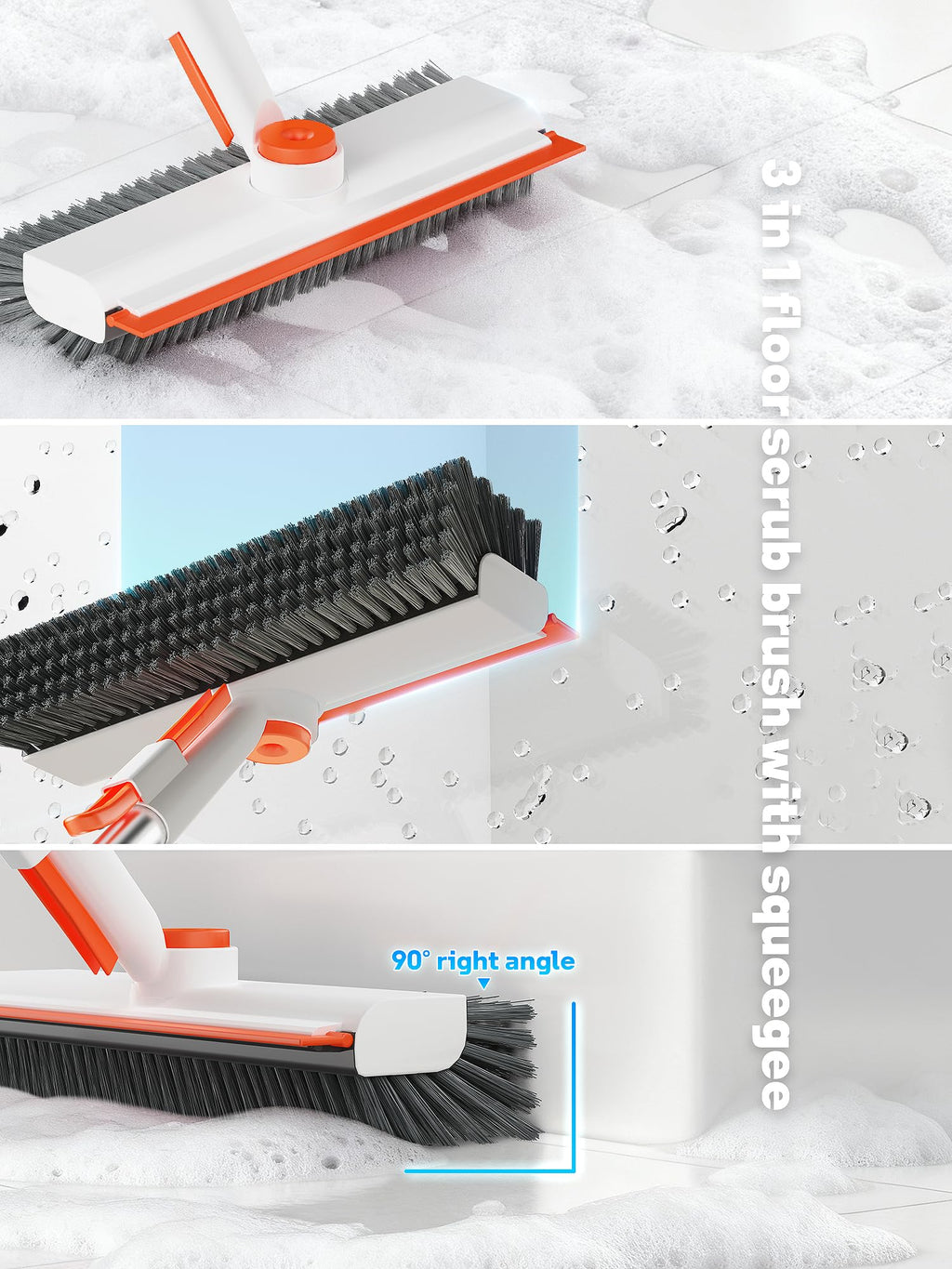HelpX Floor Scrub Brush with Long Handle, 3 in 1 Scrape and Heavy-Duty Stiff Bristle Floor Scrubber Brush with Squeegee and Tweezer for Cleaning Tile Wall Deck (Orange and White)
