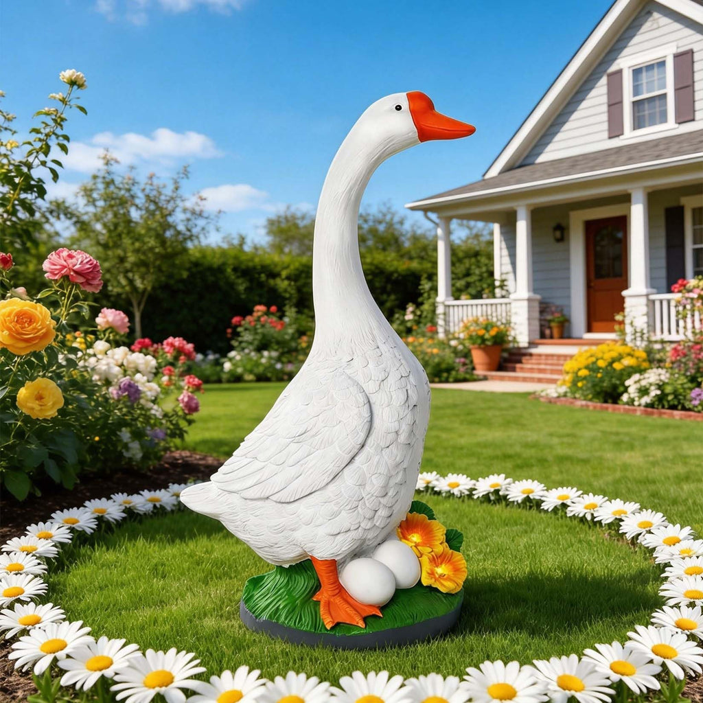 GasSaf 23" Large Porch Goose Garden Decor, Resin White Goose Statue Standing Independently, Vibrant Cygnus Figurine for Patio Balcony Lawn and Entryway Accent, Indoor and Outdoor Garden Sculpture