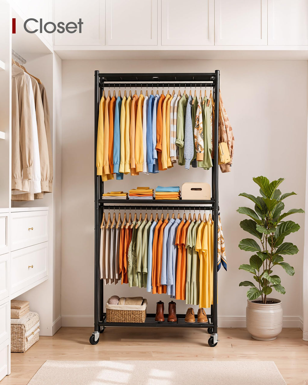Sakugi Clothes Rack - 33.0" x 12.2" x 79.5" Clothing Rack with Shelves & Wheels, Multi-Functional Wardrobe Closet with Hooks, Sturdy Metal Garment Rack for Bedroom, Laundry, Balcony (Black)