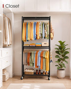 Sakugi Clothes Rack - 33.0" x 12.2" x 79.5" Clothing Rack with Shelves & Wheels, Multi-Functional Wardrobe Closet with Hooks, Sturdy Metal Garment Rack for Bedroom, Laundry, Balcony (Black)