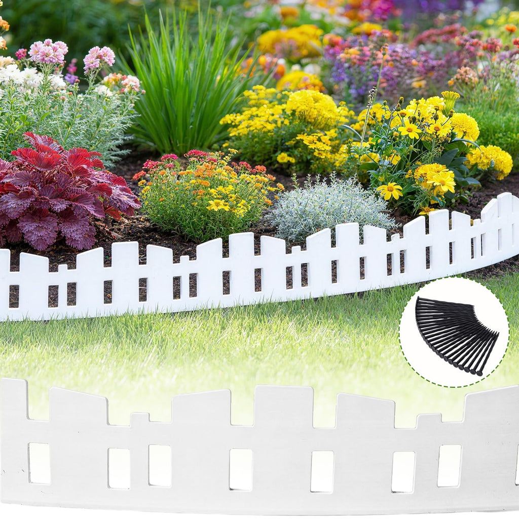 Garden Edging 33FT LOLEDE, 4.6IN Tall White Landscape Edging Border with 60 Stakes, Flexible Plastic Lawn Edging for Yard, Flower Beds,Tree Rings, Walkways & Garden Borders（Square-White）